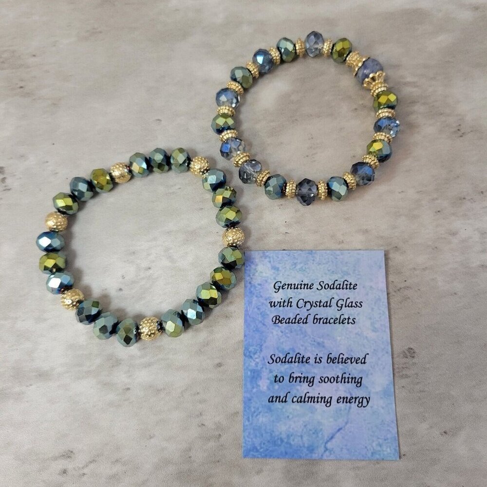 Sadalite Crystal Bracelet Glass Beaded Soothing Calming Energy Set of 2 New
